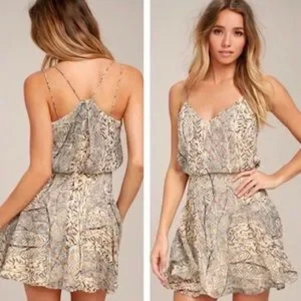 NWT Lulus Tanis Beige Animal Print Skater Mini Dress, Size S